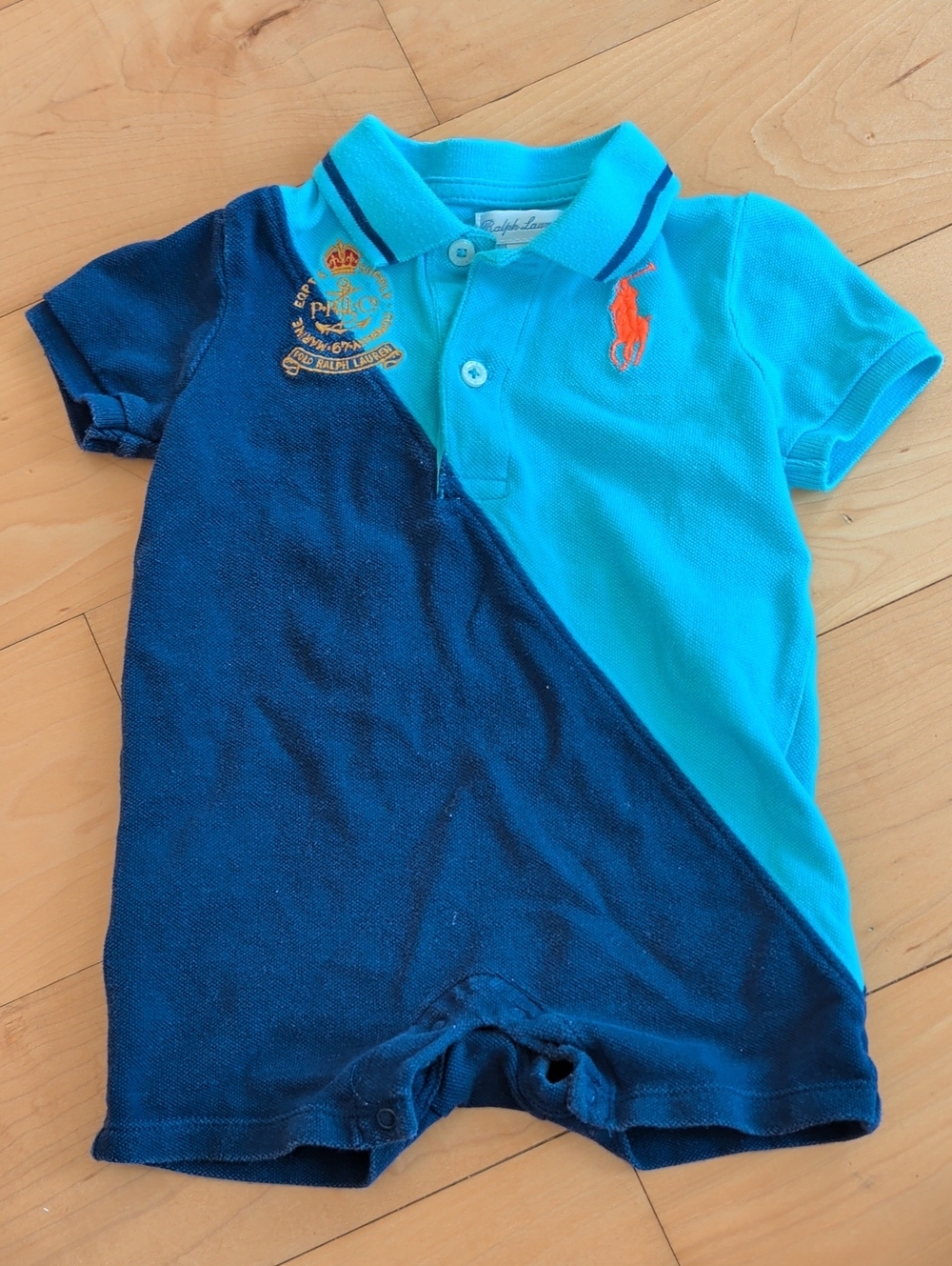 Ralph Lauren Two-Tone Aqua & Navy Polo Romper with Orange Pony